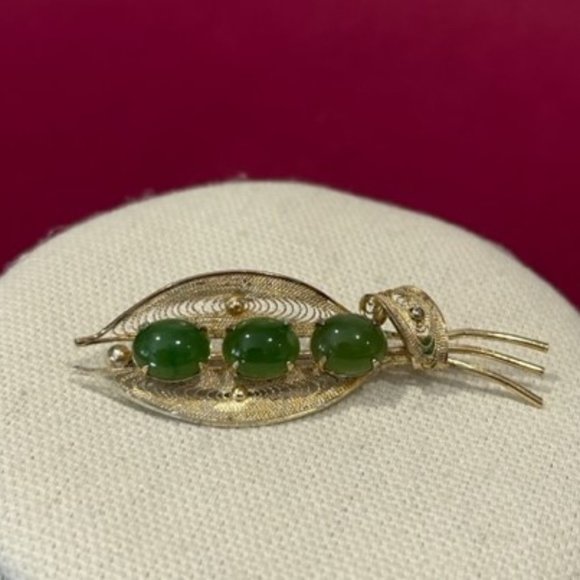 VTG SORRENTO Vermeil Sterling Silver Filigree Leaf Green Stone BROOCH - Picture 7 of 11